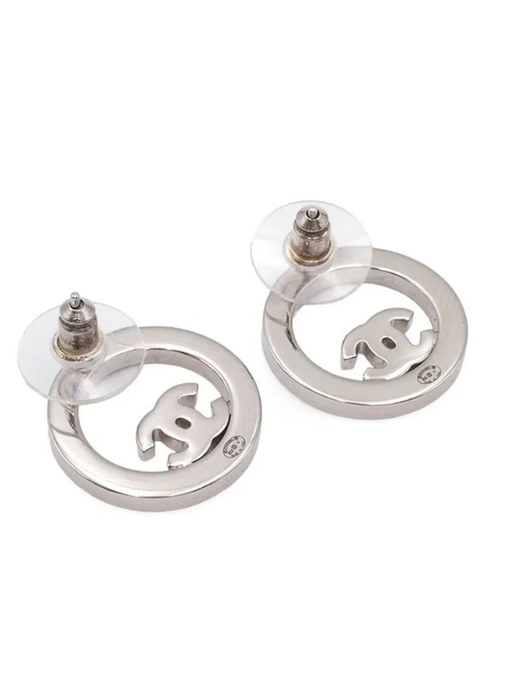 Chanel Earrings Silver Metal Rhinestone CC Logo